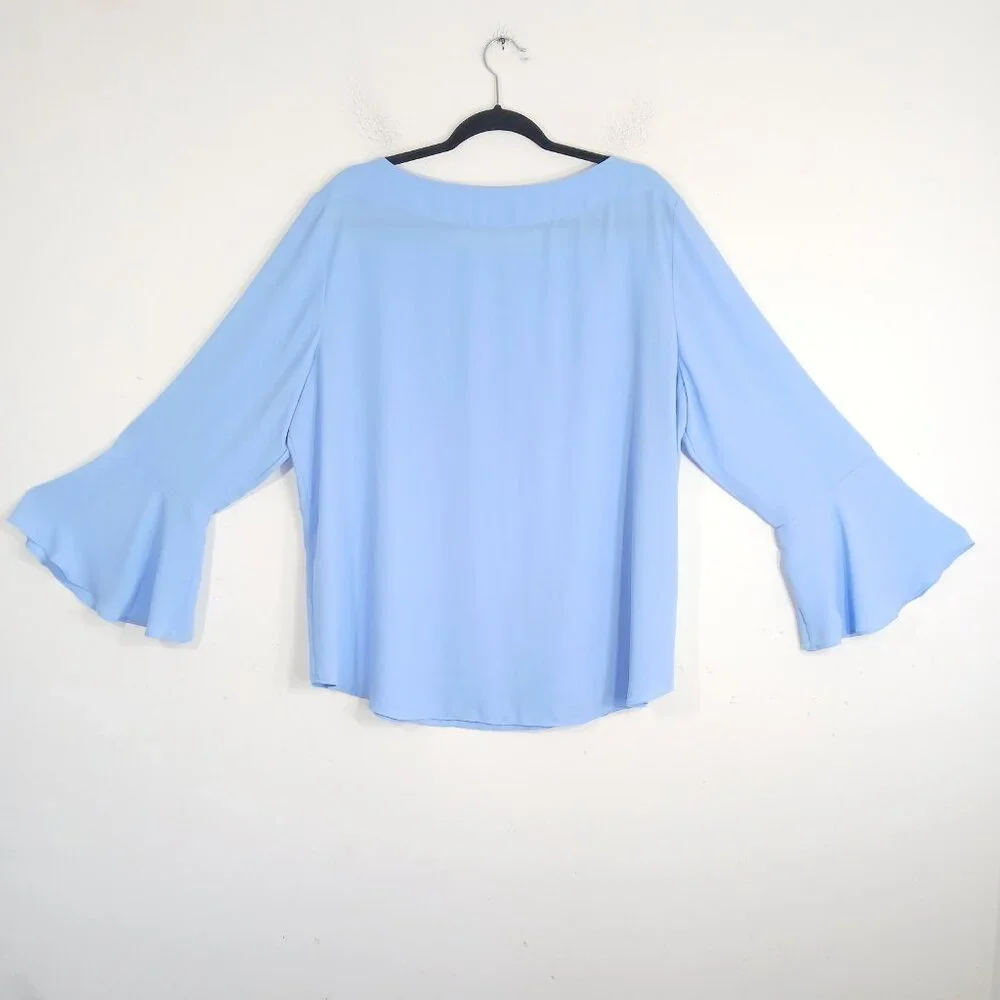 Ann Taylor Blouse XL Blue Long Bell Sleeves Chiffon Lightweight Top - Picture 2 of 8